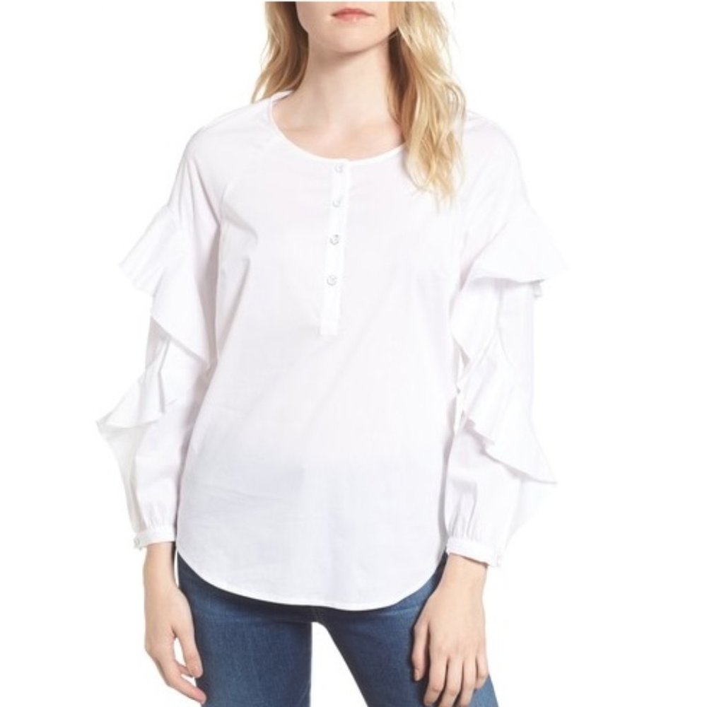 NWT Splendid Womens Ruffled Long Sleeves Henley Top White Size XS S M L